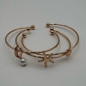 Gold Tone Coastal Charm Bangle Bracelet Starfish Shell Pearl Rigid (set of 3)